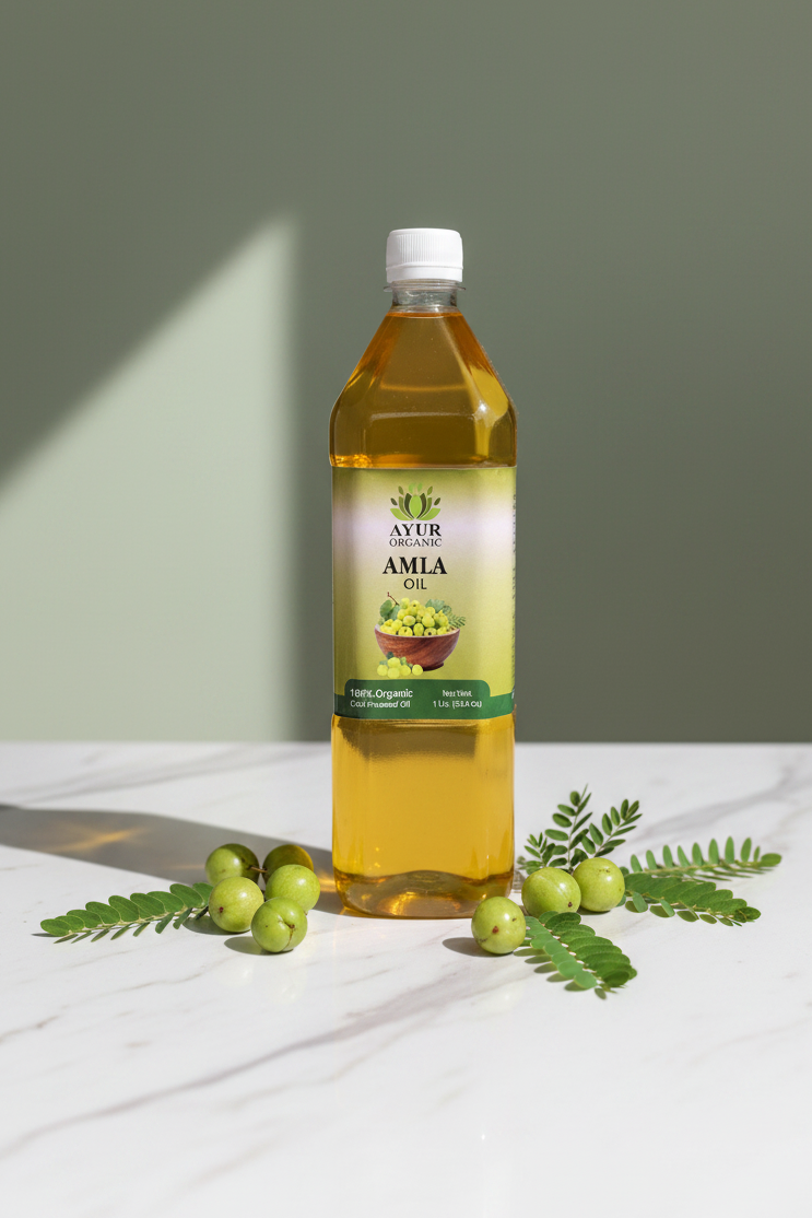 Organic Amla hair oil rich in Vitamin C, strengthening scalp, reducing hair fall, and boosting natural shine