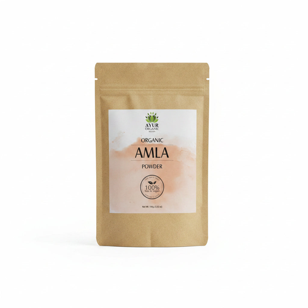 Organic amla powder made from dried Indian gooseberry, rich in Vitamin C for immunity, digestion, and hair care