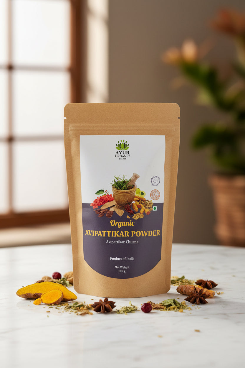 Package of organic kavart hara powder on a dark surface