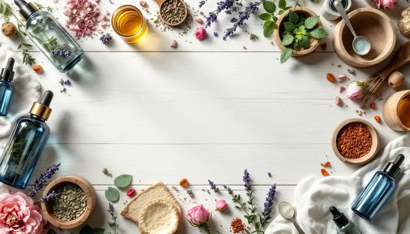 A range of Ayurvedic hair and skincare products displayed with natural ingredients like aloe vera, turmeric, neem leaves, and essential oils, showcasing their herbal and holistic benefits for healthy hair and radiant skin.