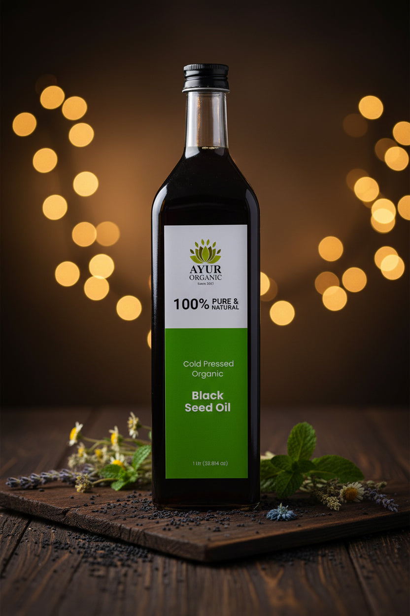 Ayur Organic Black Seed Oil – 1 litre Glass bottle -Cold Pressed Nigella Sativa Oil for Immunity and Inflammation.