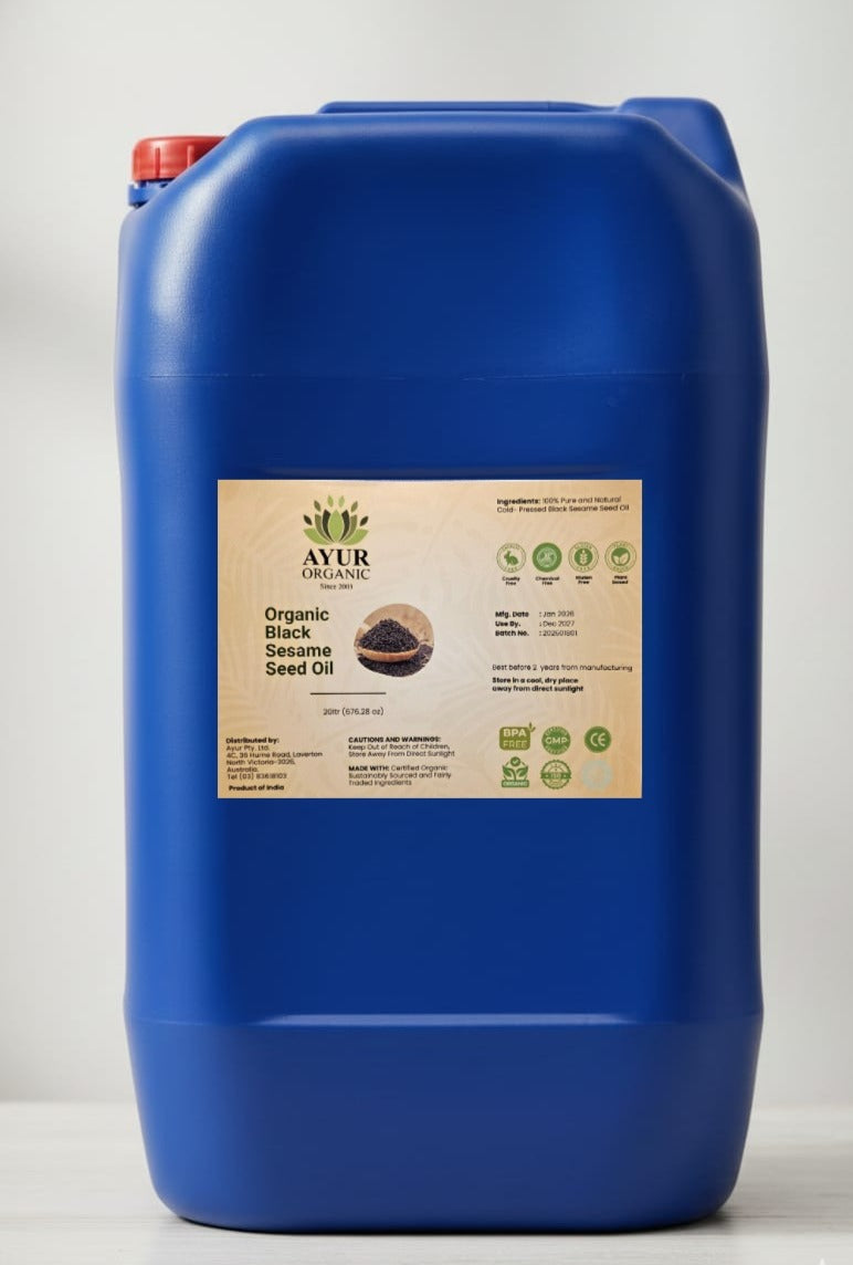 Organic cold-pressed black sesame oil 20 litres, perfect for wholesale Ayurvedic massage and hair care.