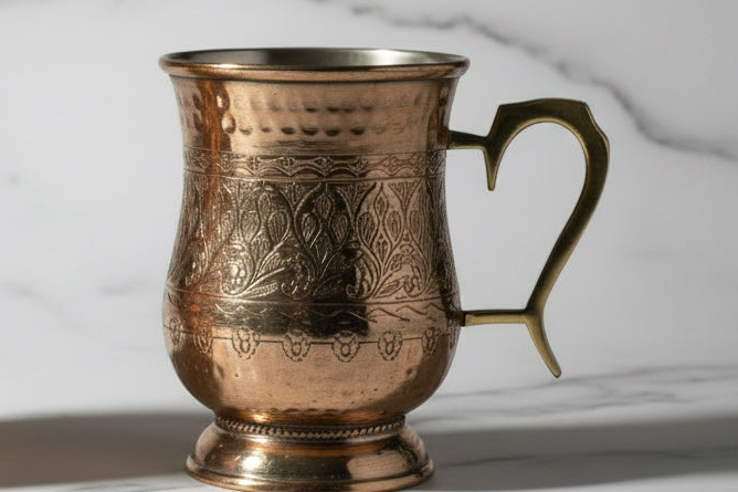 Handcrafted copper cups with a polished finish, ideal for Ayurvedic water storage and traditional wellness rituals.