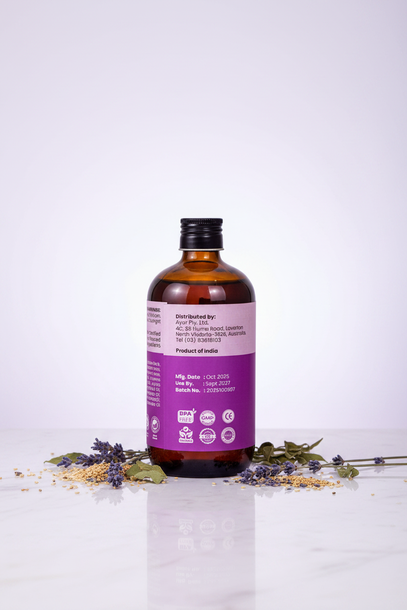 Bottle with a purple label on a white background