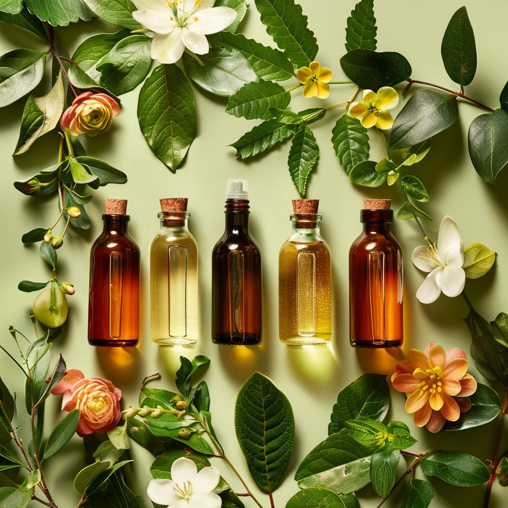 "A selection of Ayurvedic organic natural cold-pressed oils, including Amla, Moringa, Castor, Black Sesame, massage oils, and essential oils, elegantly displayed with fresh seeds, fruits, and herbs, highlighting their purity, traditional extraction process, and therapeutic benefits for health and wellness.