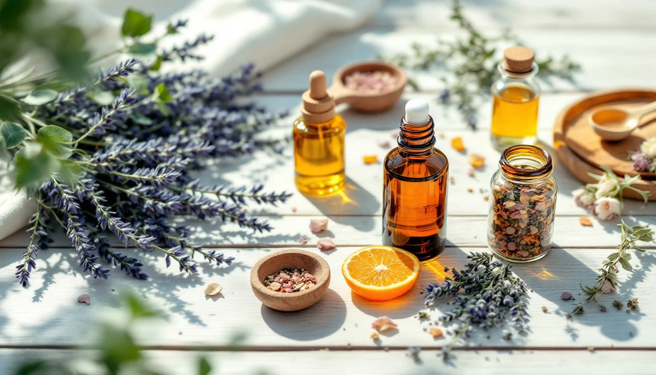 A collection of high-quality essential oil bottles surrounded by natural ingredients like fresh herbs, flowers, and citrus fruits, highlighting their organic and therapeutic essence