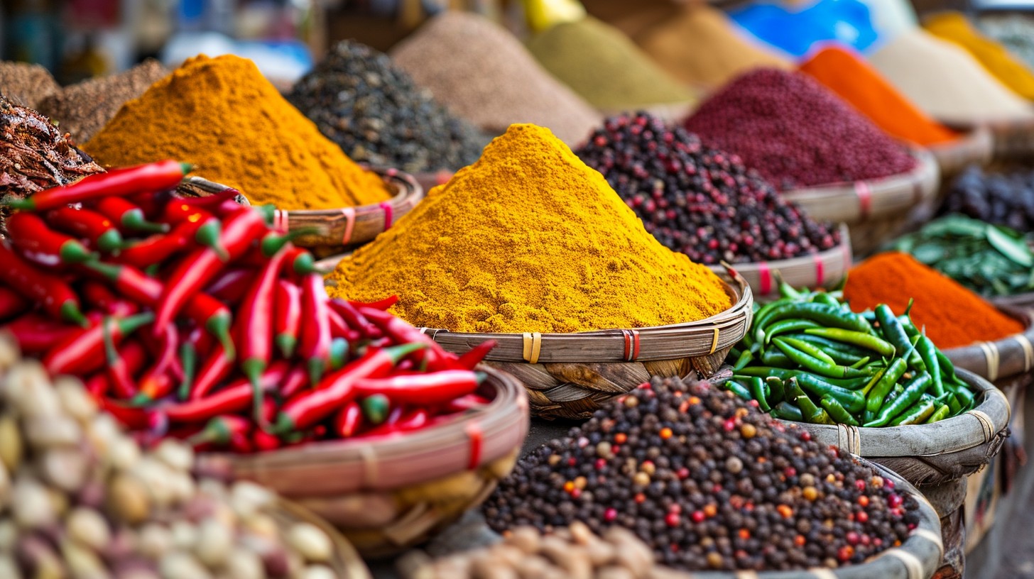 A vibrant assortment of organic herbs and spices displayed with fresh ingredients like basil, turmeric, cinnamon sticks, and peppercorns, symbolizing their natural, aromatic, and high-quality essence for culinary and wellness purposes.