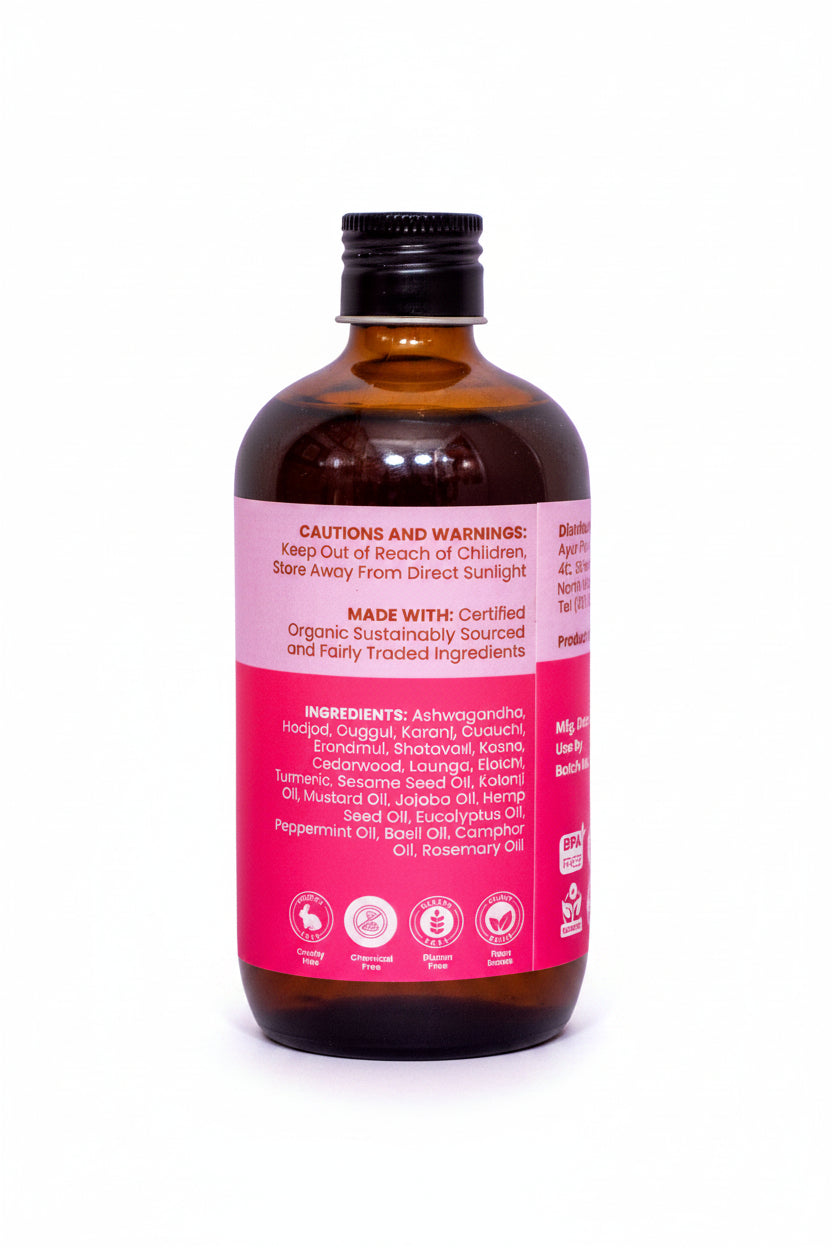 Bottle with a pink label on a white background