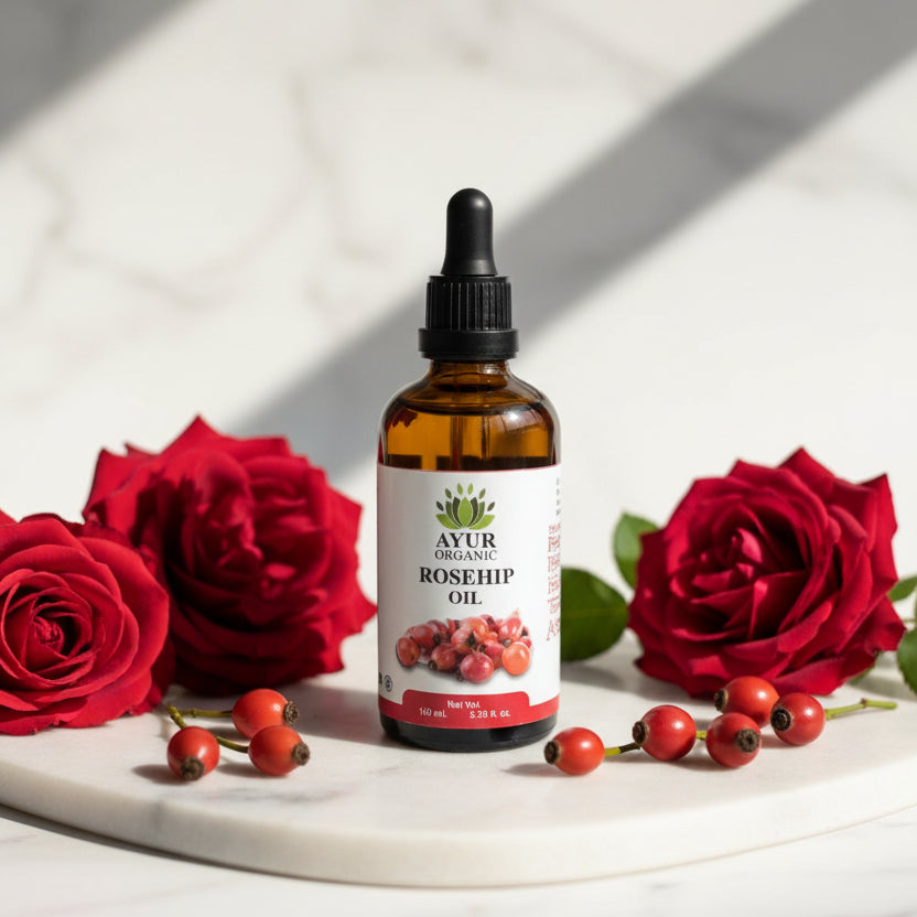 A bottle of Rosehip Seed Face Oil Organic placed amidst red roses.