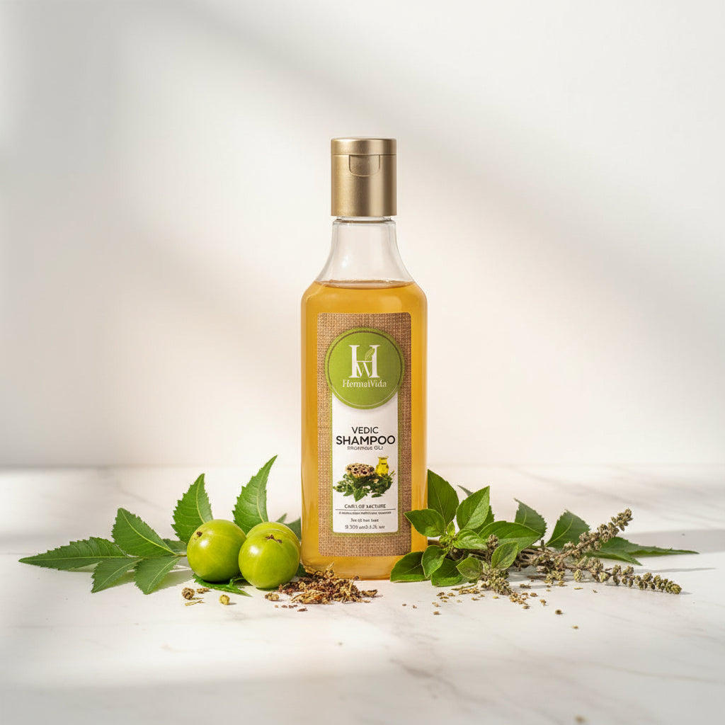 A bottle of Vedic Herbal Shampoo with Moringa Oil on a large green leaf background.