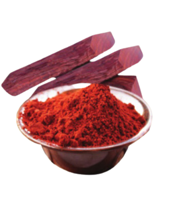 Natural red sandalwood logs and powder, showcasing their deep red hue and versatile uses in skincare, traditional remedies, and natural dyeing.