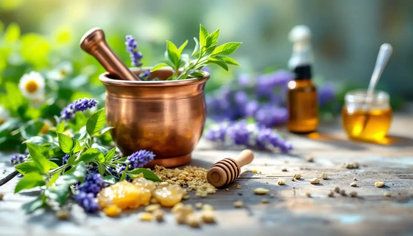An assortment of Ayurvedic and Organic single and blended herbs, beautifully presented with natural elements like dried leaves, roots, and seeds, showcasing their purity, wellness benefits, and versatile uses in cooking and holistic healing.