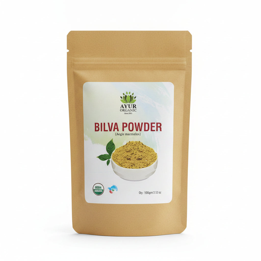 Package of Bilva Powder with a visible brand label on a brown surface
