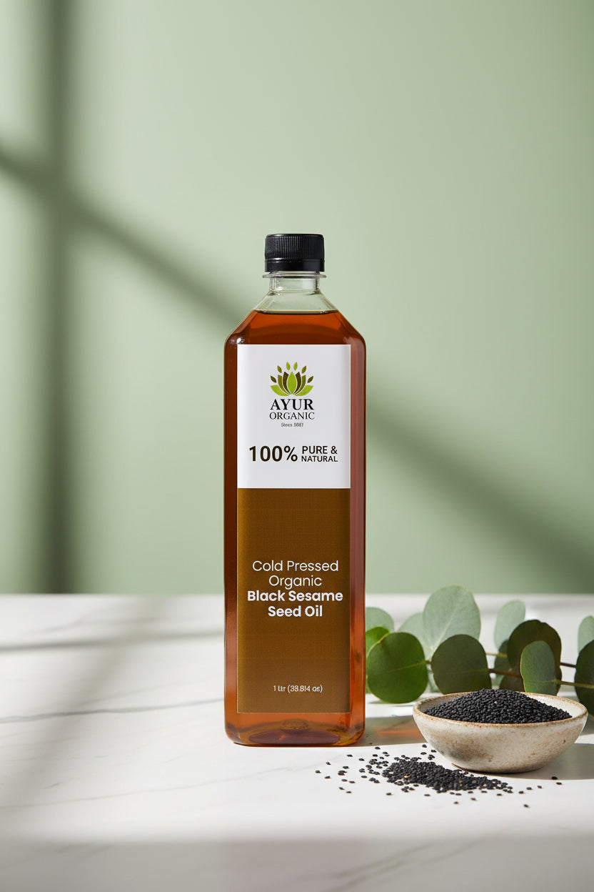 Ayur Organic Black Sesame Seed Oil – 1 litre - Certified Organic Ayurvedic Oil for Scalp and Joint Care.