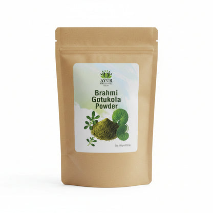 Pouch of Brahmi Gotukola Powder with a label on a cardboard background