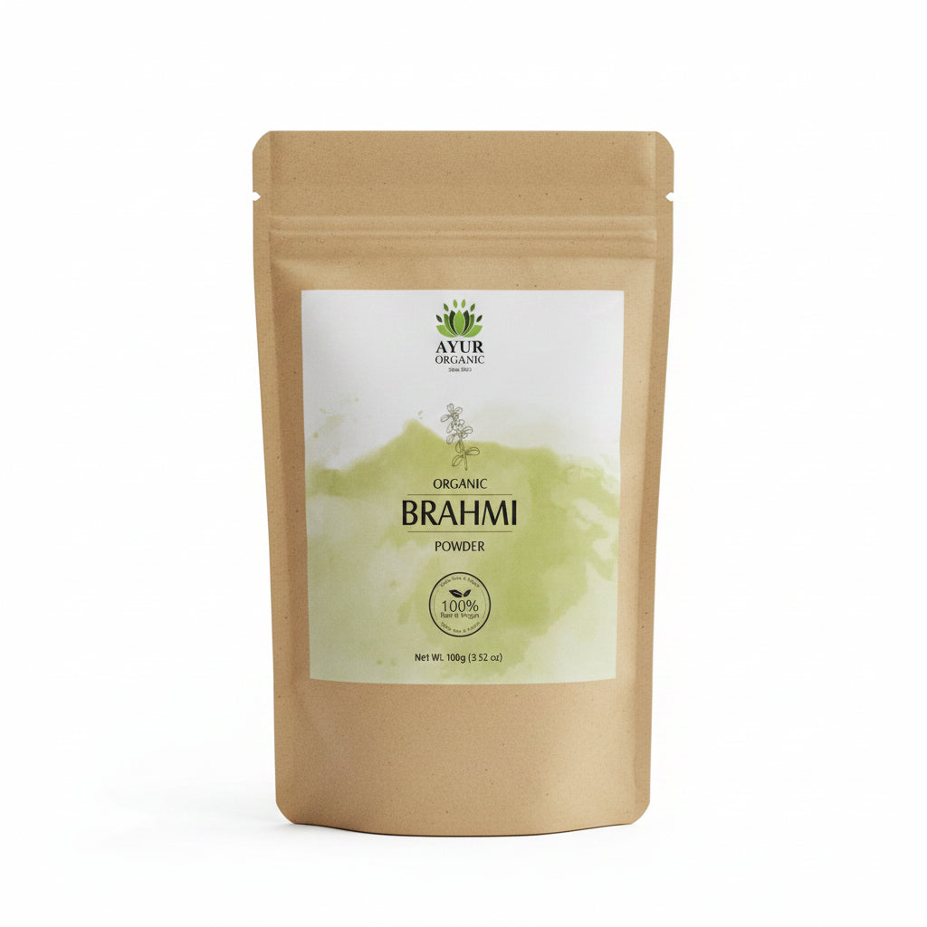 Kraft paper packaging with a white label featuring text and graphics on a dark surface.