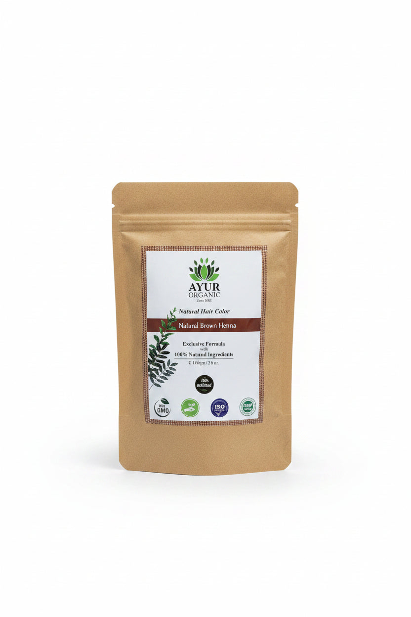 Kraft paper package with a label on a blurred background