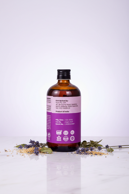 Bottle with a purple label on a white background