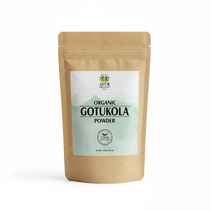 Bag of Organic Gotukola Powder with a label on a brown background
