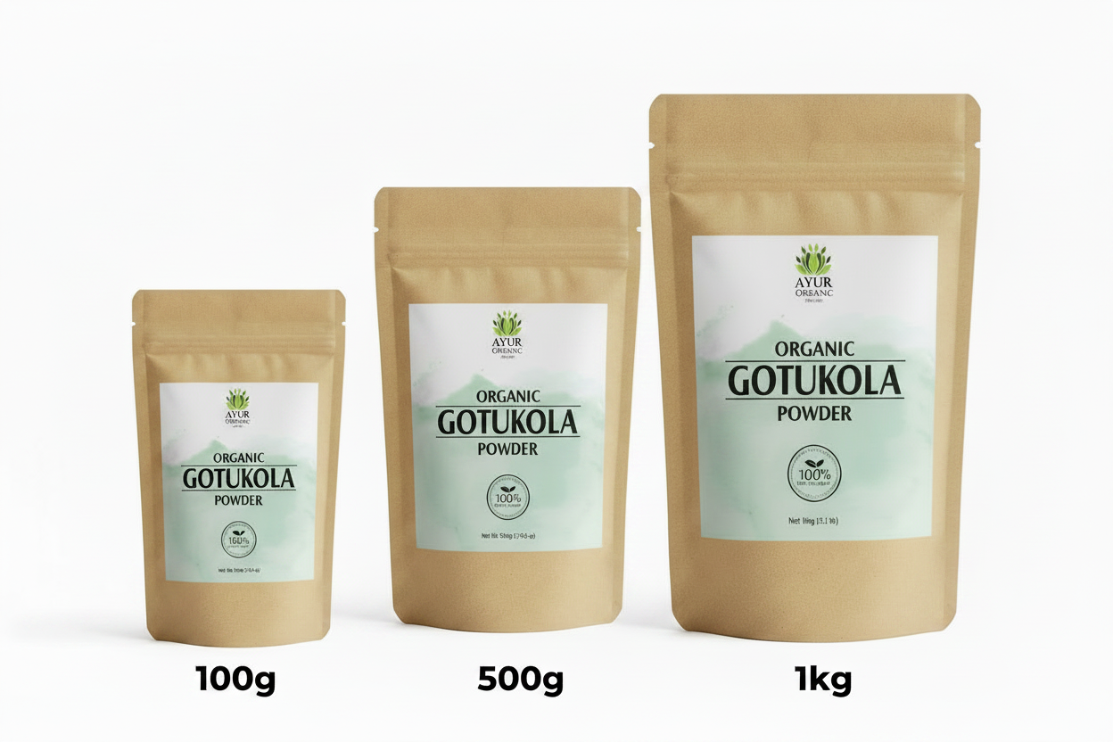 Three packages of Organic Gotukola Powder with labels on a white background