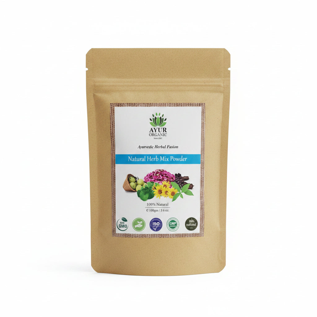 Brown package of Ayur Organic Natural Herb Mix Powder on a white background