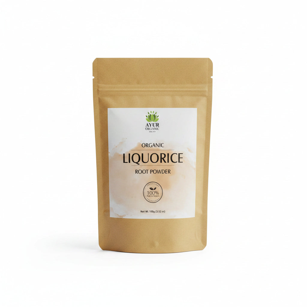 Bag of organic liquorice root powder with a visible brand label on a cardboard surface.