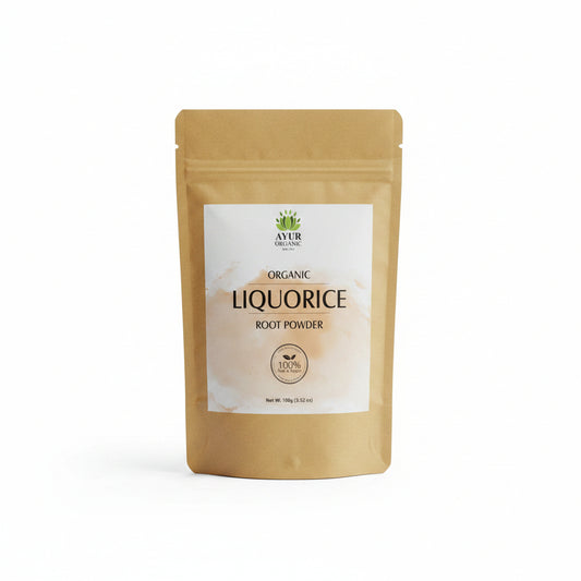 Bag of organic liquorice root powder with a visible brand label on a cardboard surface.