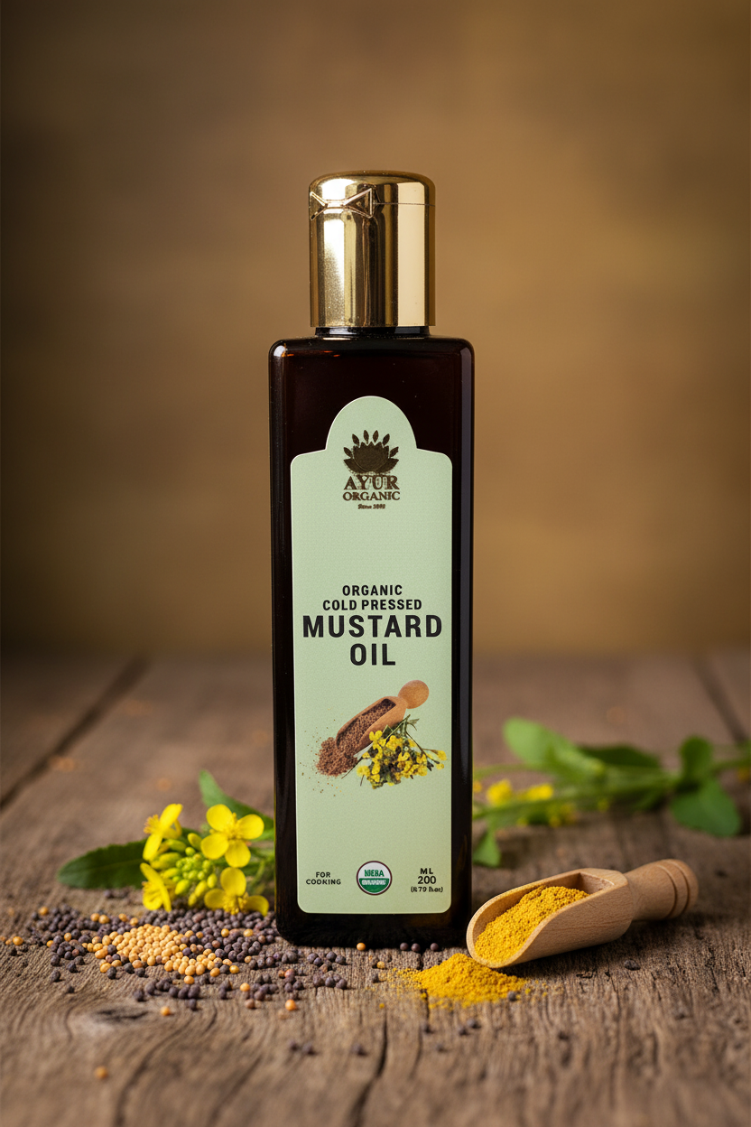 Bottle of organic cold pressed mustard oil with mustard seeds and powder on a wooden surface.