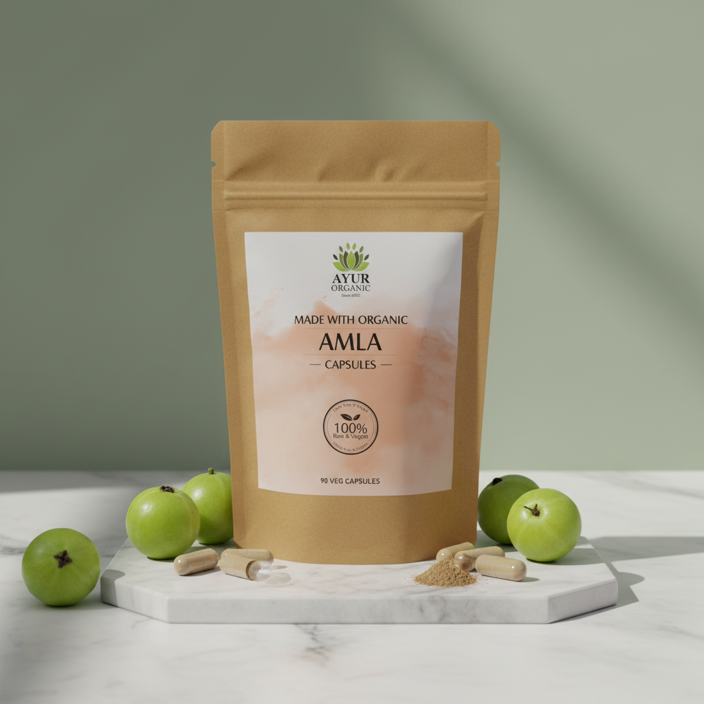 Organic Amla capsules rich in Vitamin C and antioxidants, supporting immunity, digestion, and skin health.