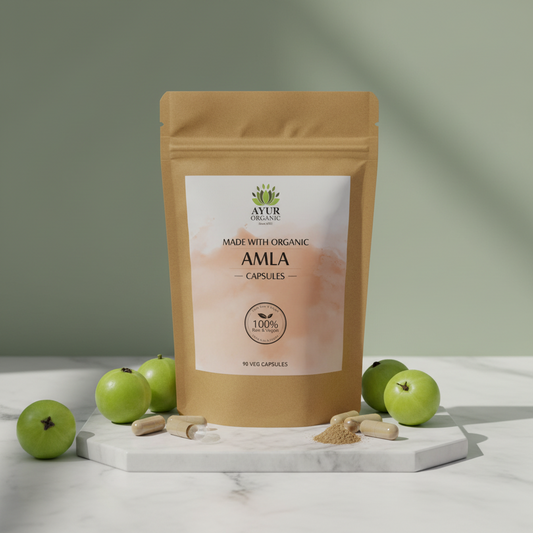 Organic Amla capsules rich in Vitamin C and antioxidants, supporting immunity, digestion, and skin health.