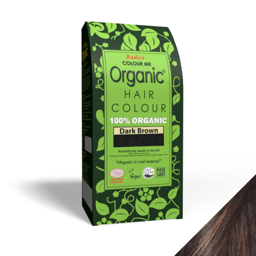 Radico Organic Hair Colour products displayed with natural ingredients like henna leaves, amla, and herbs, highlighting their organic, chemical-free formulation for vibrant and healthy hair.