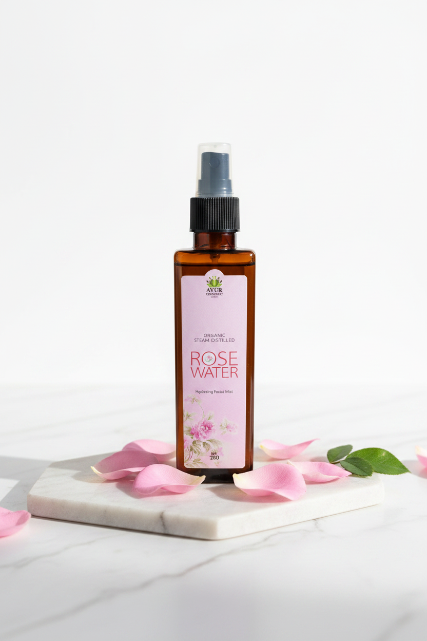 Rose water spray bottle on a white surface with pink petals and green leaves.