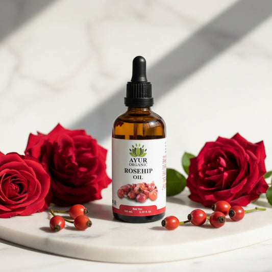 A bottle of Rosehip Seed Face Oil Organic placed amidst red roses.