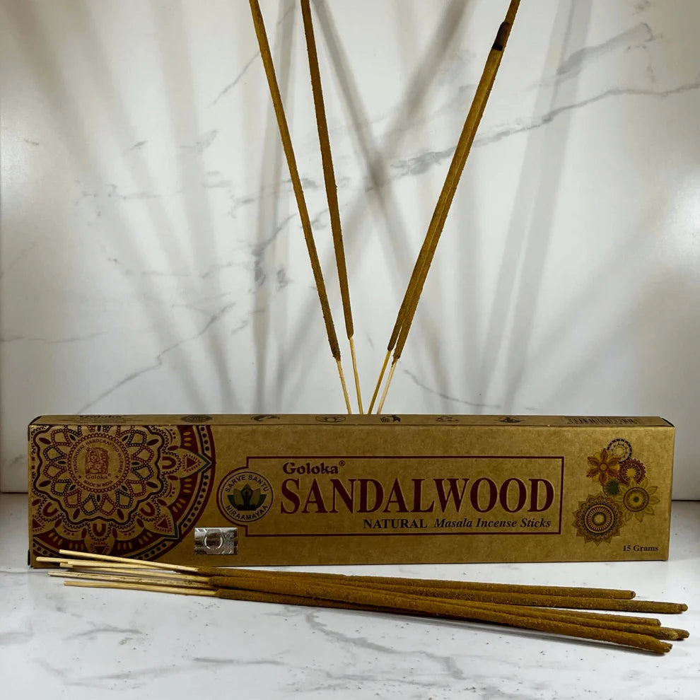Goloka Sandalwood incense sticks, offering a soothing aroma for meditation and relaxation