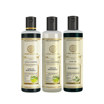 Khadi Natural Amla and Bhringraj Hair Care Trio enriched with Amla and Bhringraj, featuring cleanser, conditioner and hair oil