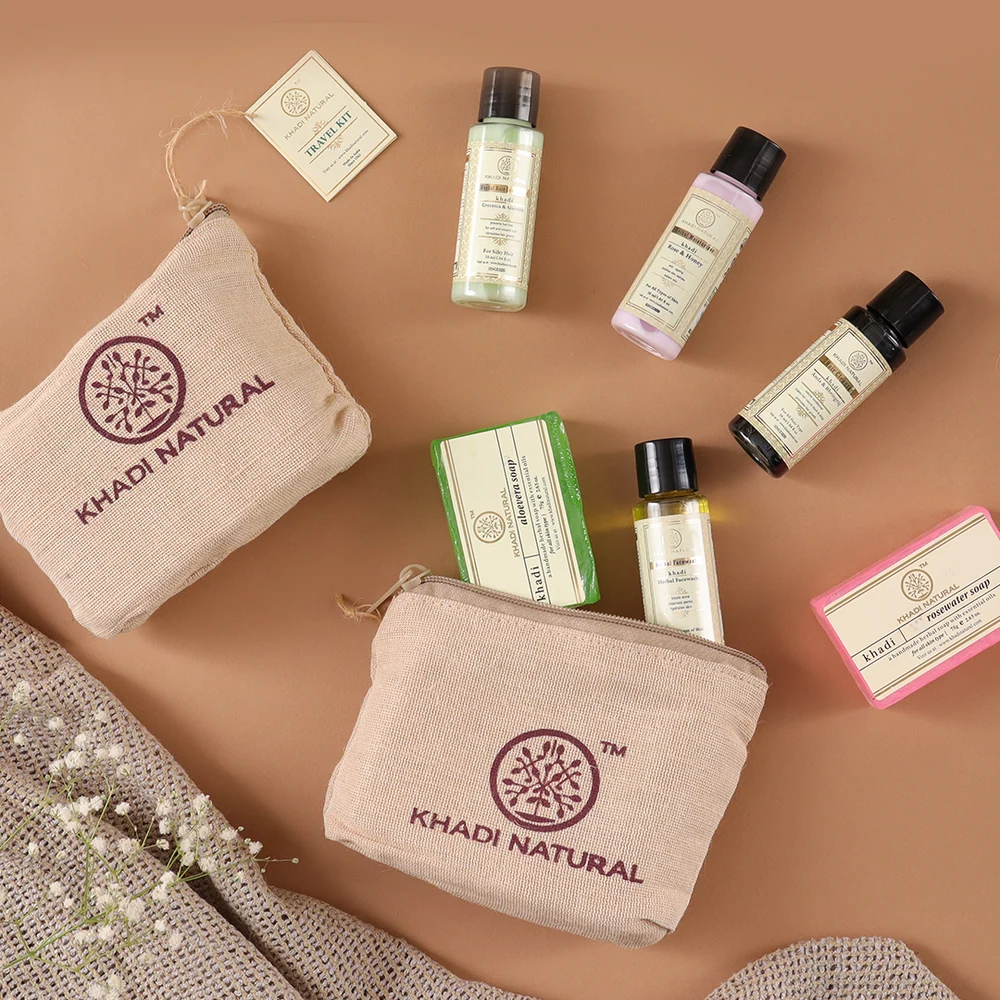 Khadi Natural mini Rosewater, Aloe Vera, Rose & Honey, and Amla & Bhringraj skin and hair care products for refreshing, conditioning and nourishing care