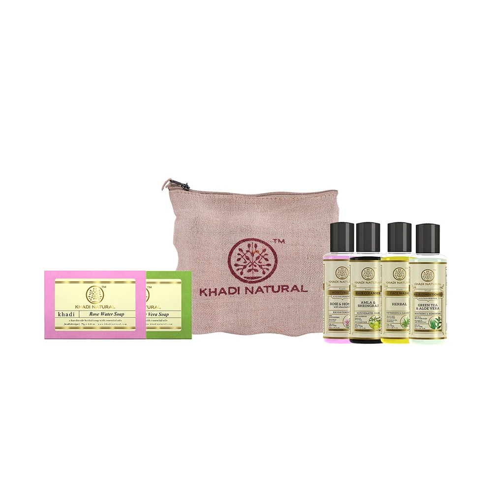 Khadi Natural Herbal Travel Kit with 4 mini skin and hair care products enriched with Rosewater, Aloe Vera, Rose and Honey, Amla and Bhringraj