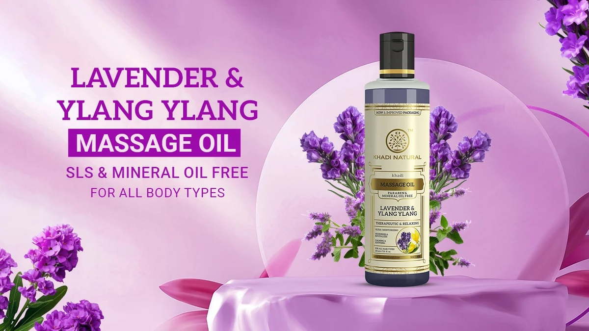 Khadi Natural Lavender and Ylang Ylang Massage Oil for smooth, non-greasy body massage and soft, nourished skin for all body types
