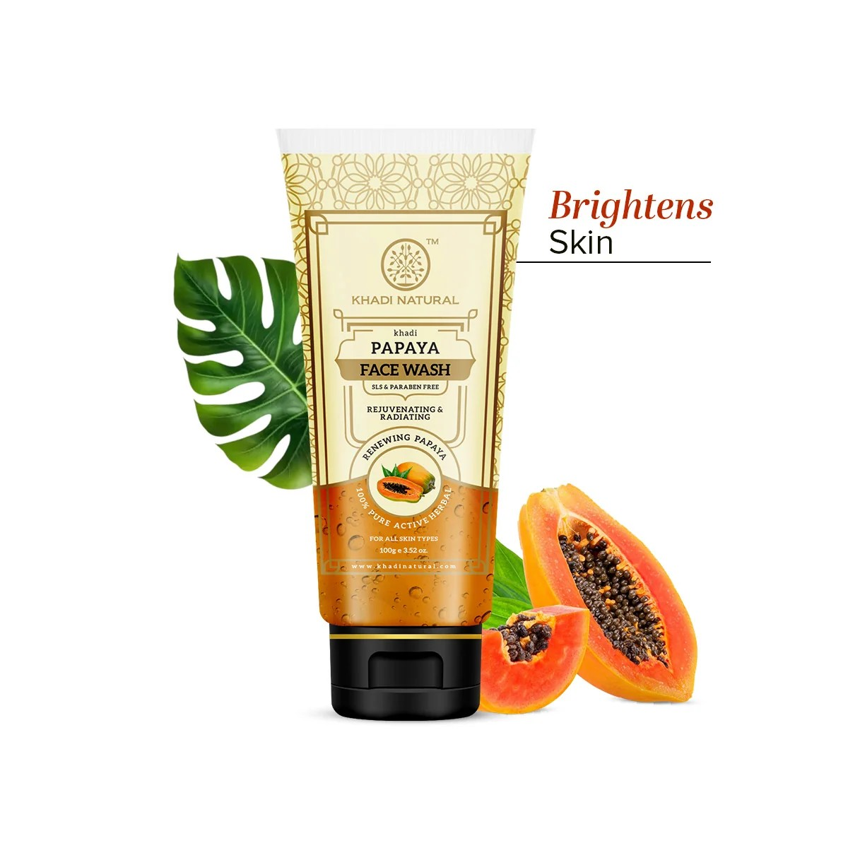 Khadi Natural Papaya Face Wash with papaya extract and a blend of Ayurvedic herbs for gentle daily facial cleansing